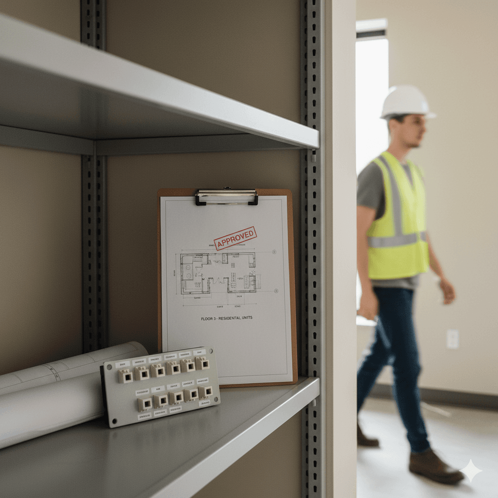 Low-voltage closet, building plans, approved stamp, contractor passing