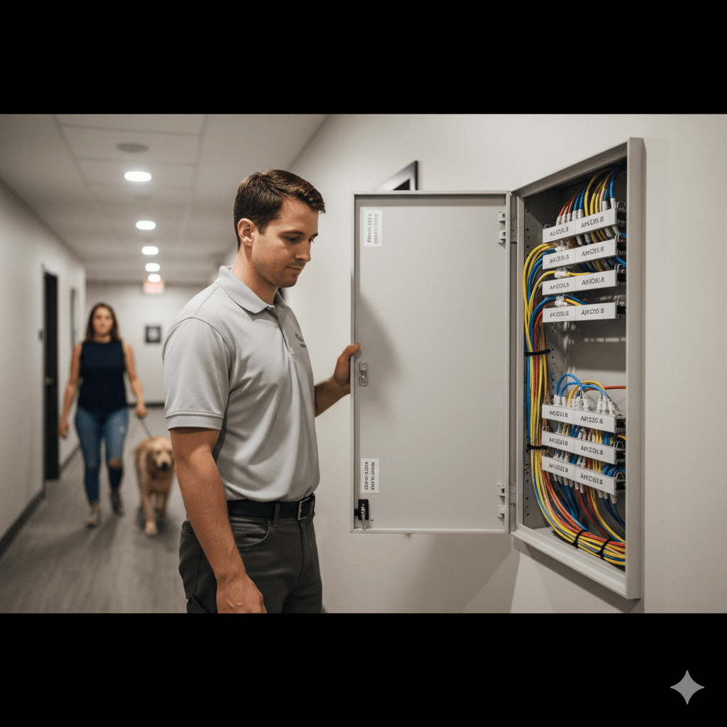 Corridor with open panel door, resident walking by