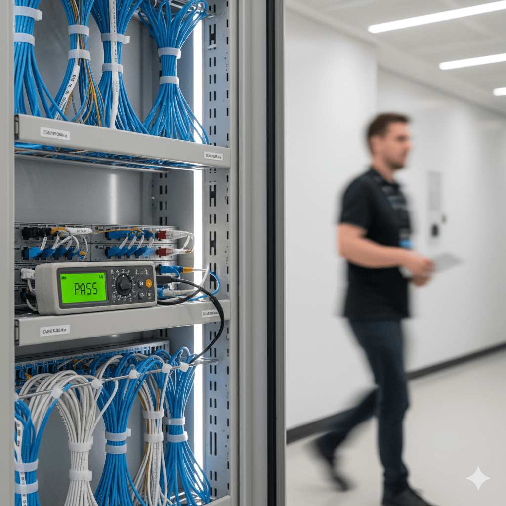 Clean communications cabinet with cable tester showing PASS