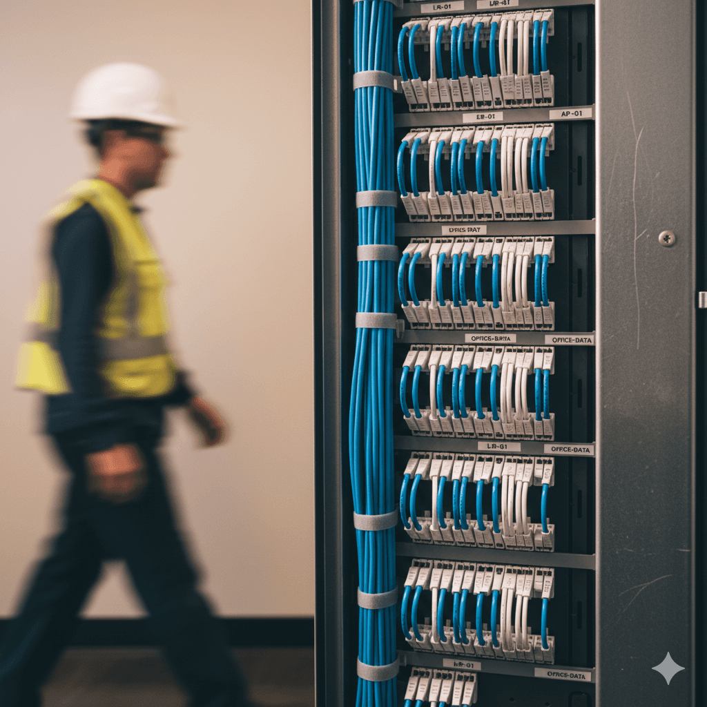 Neatly labeled patch panel backdrop